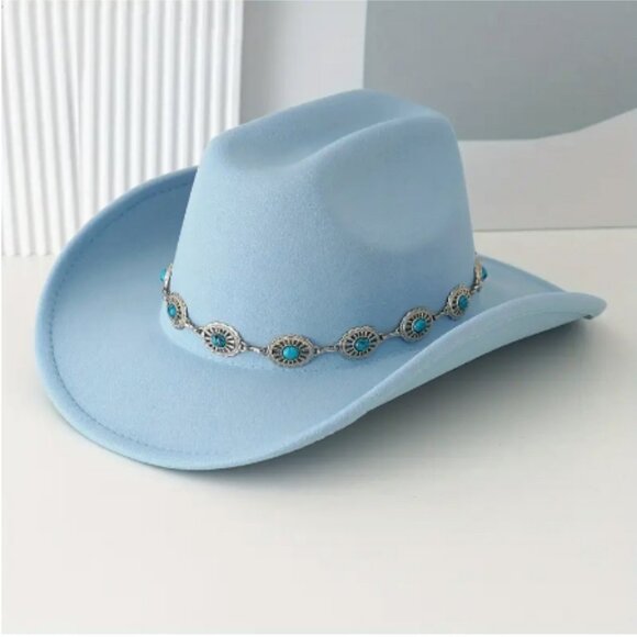 Accessories - Light Blue Western Cowboy Hat w/ Turquoise Concho Band